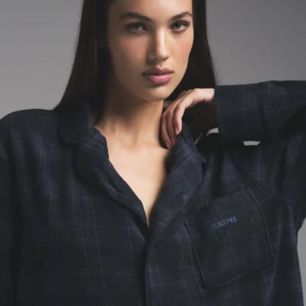 SKIMS Gender Inclusive Fleece Sleep Set, Midnight Blue Plaid, S